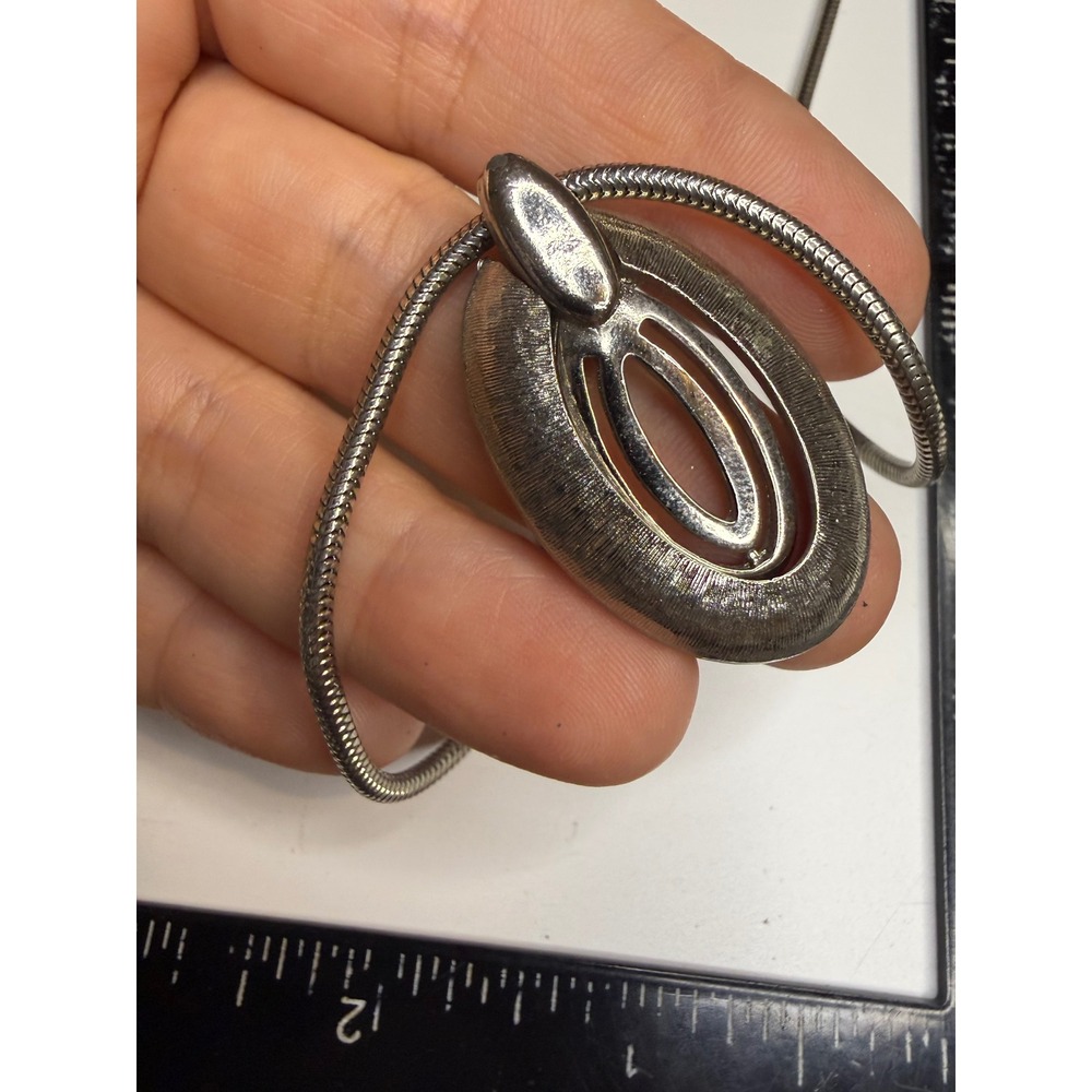 Vintage Silver Tone Oval Brutalist Pendant Necklace Textured Snake Chain 15.5in